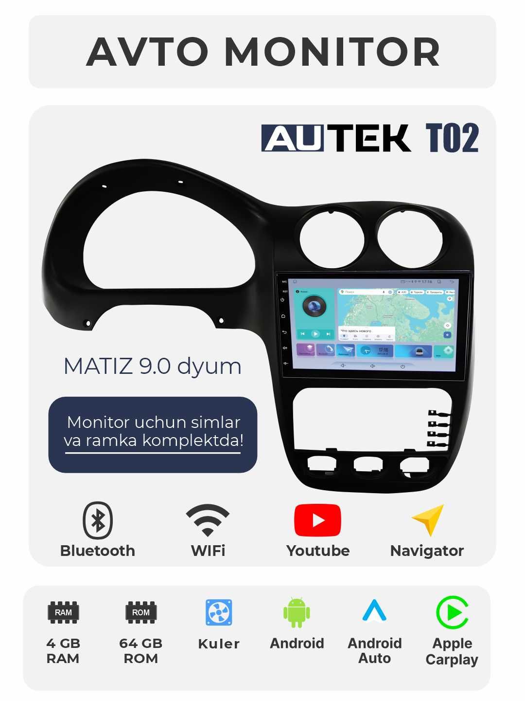 Avto monitor Tesla, AUTEK T 02, 9/10.2" QLED, 4+64 GB Wi-Fi kulerli.