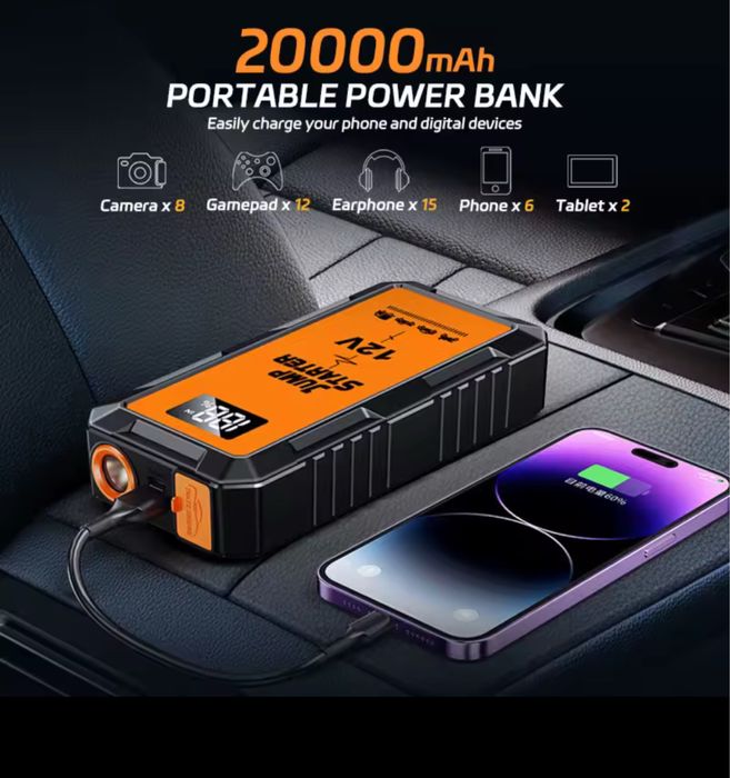 Robot pornire auto portabil 2000A, redresor cu acumulator 12000mAh