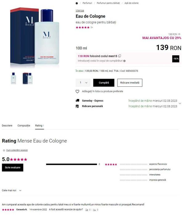 Apa de colonie, Parfum, Mense, Orange, Muguet, Patchouli, 100ml, cadou