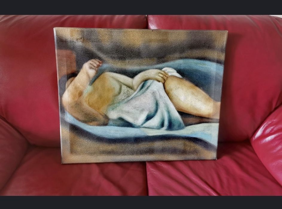 Антикварна дървена картина изработена с техниката интарзия -гола жена