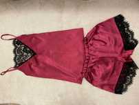 Lenjerie intima satin, top+pantalon scurt, roz inchis+dantela, nou, S