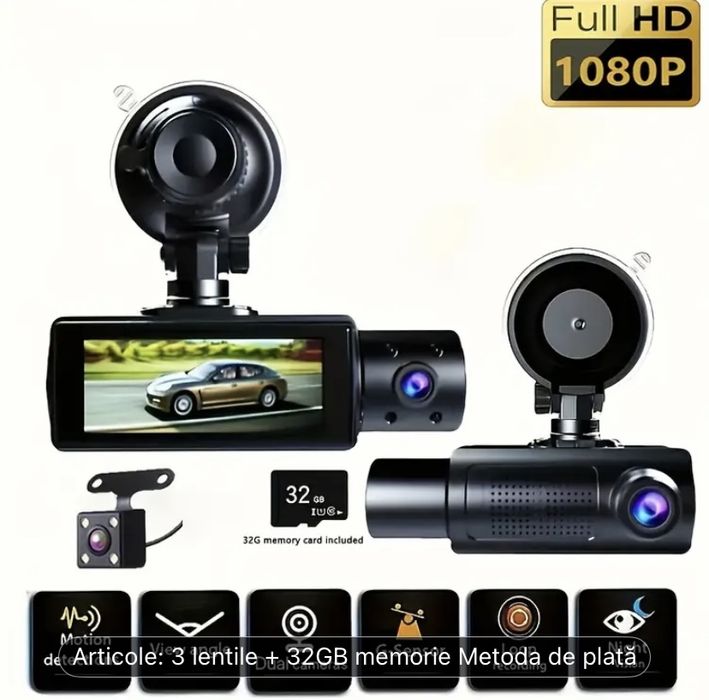 Cameră de bord cu 3 camere Wifi și aplicație + card de 32 GB