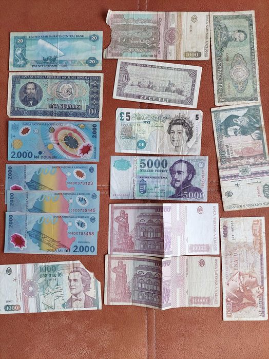 Moneda 5 lei Carol stare foarte buna si bancnote lei vechi colectie