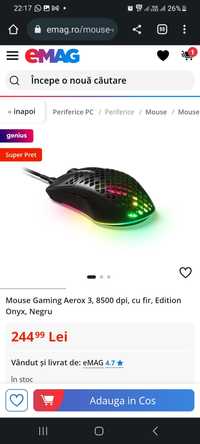 Mouse Gaming Aerox 3, 8500 dpi, cu fir, Edition Onyx, Negru