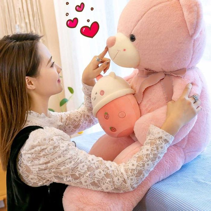 Голямо Розово Плюшено Мече с Bubble Tea, 120см Розова Плюшена Мечка