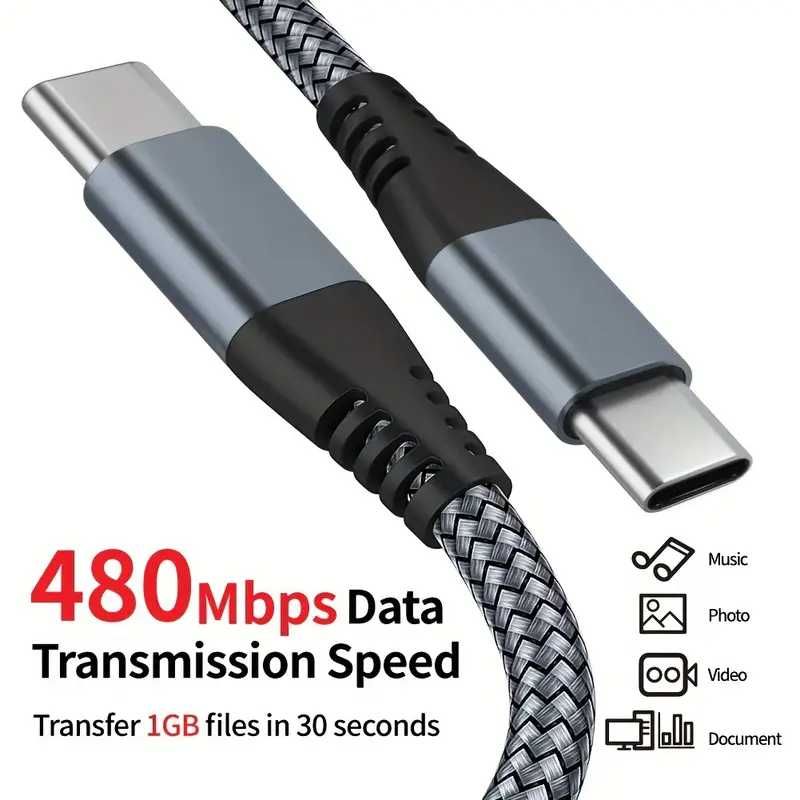 Кабели за зареждане от 60 W USB-C към USB-C Бели и Сиви (6A) Premium!!