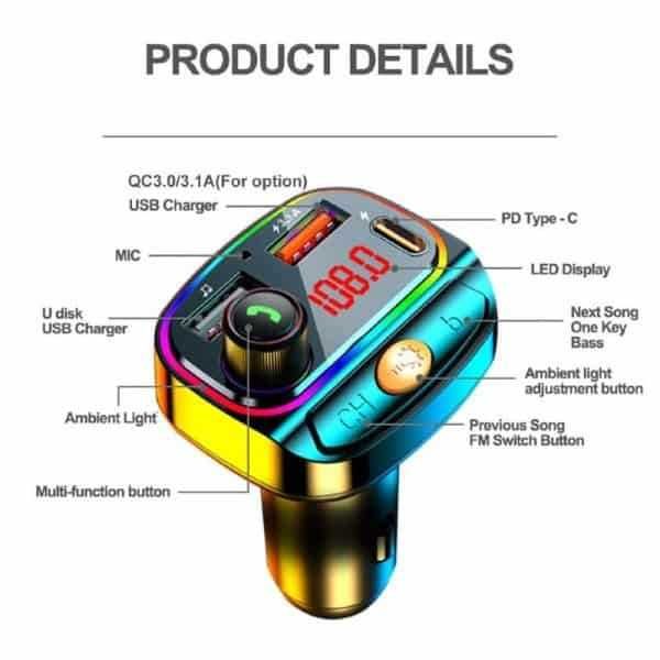 Modulator FM C15 Bluetooth, 2USB+TypeC, Mp3, Redare USB /Handsfree