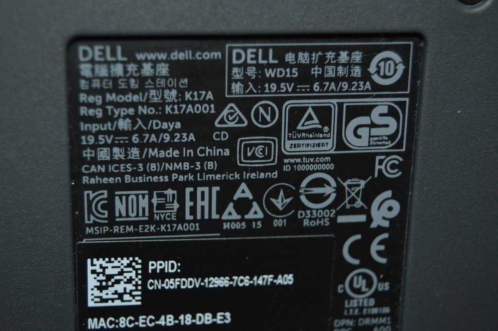 Docking Station Dell WD15 USB-C K17A +alimentare DELL 180W 19.5V 9.23A