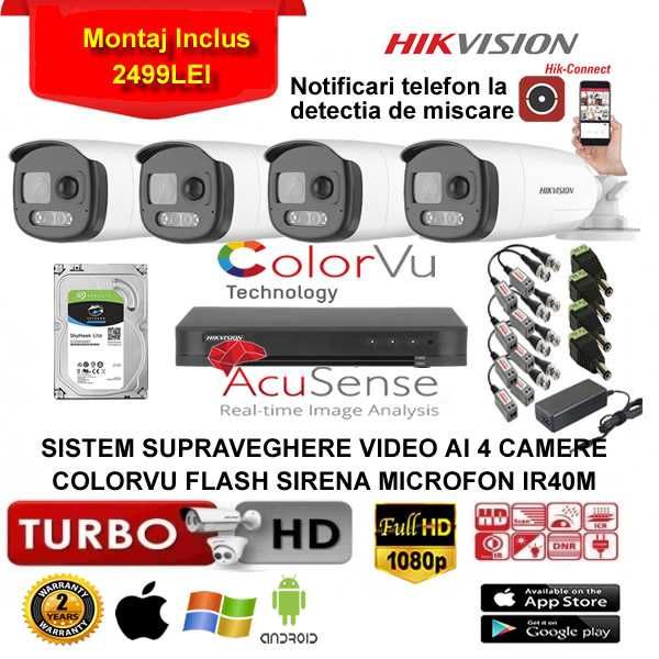 Sistem supraveghere video 4 camere ColorVu Flash Hikvision cu montaj