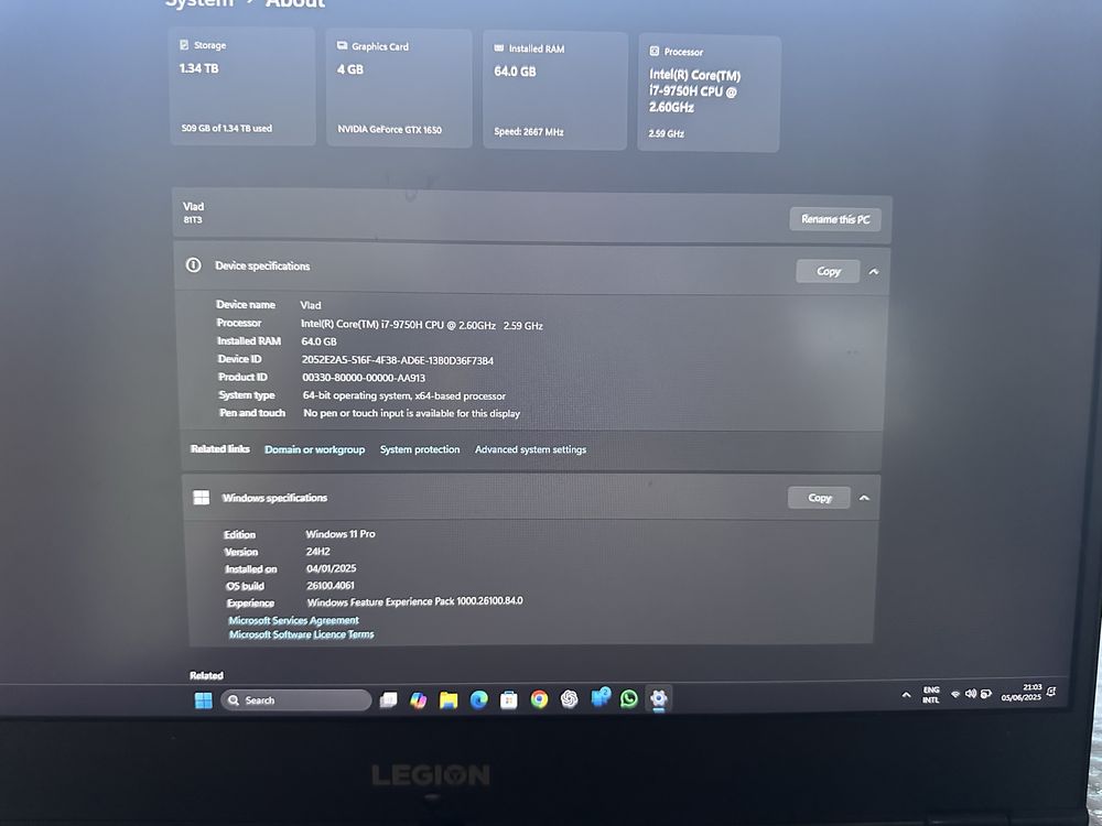 Lenovo Legion i7, 64gb ram, gtx 1650