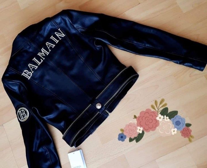 Geaca Balmain,piele naturală 100%,logo metalic, feronerie metalica