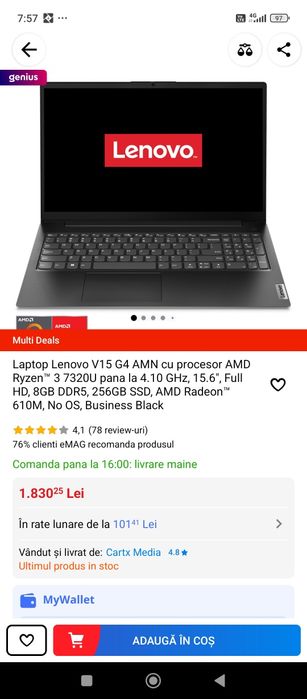 Laptop Lenovo V15 G4 AMN cu procesor AMD Ryzen 3 7320U pana la 4.10Ghz