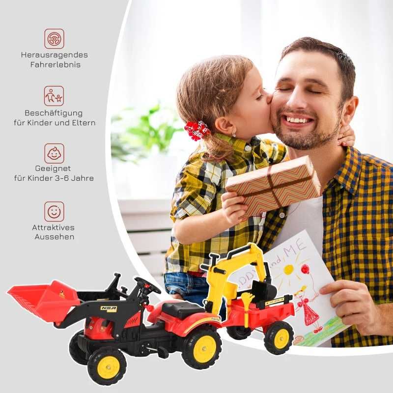 Трактор с педали HOMCOM с ремарке, челен товарач, регулируема лопата
