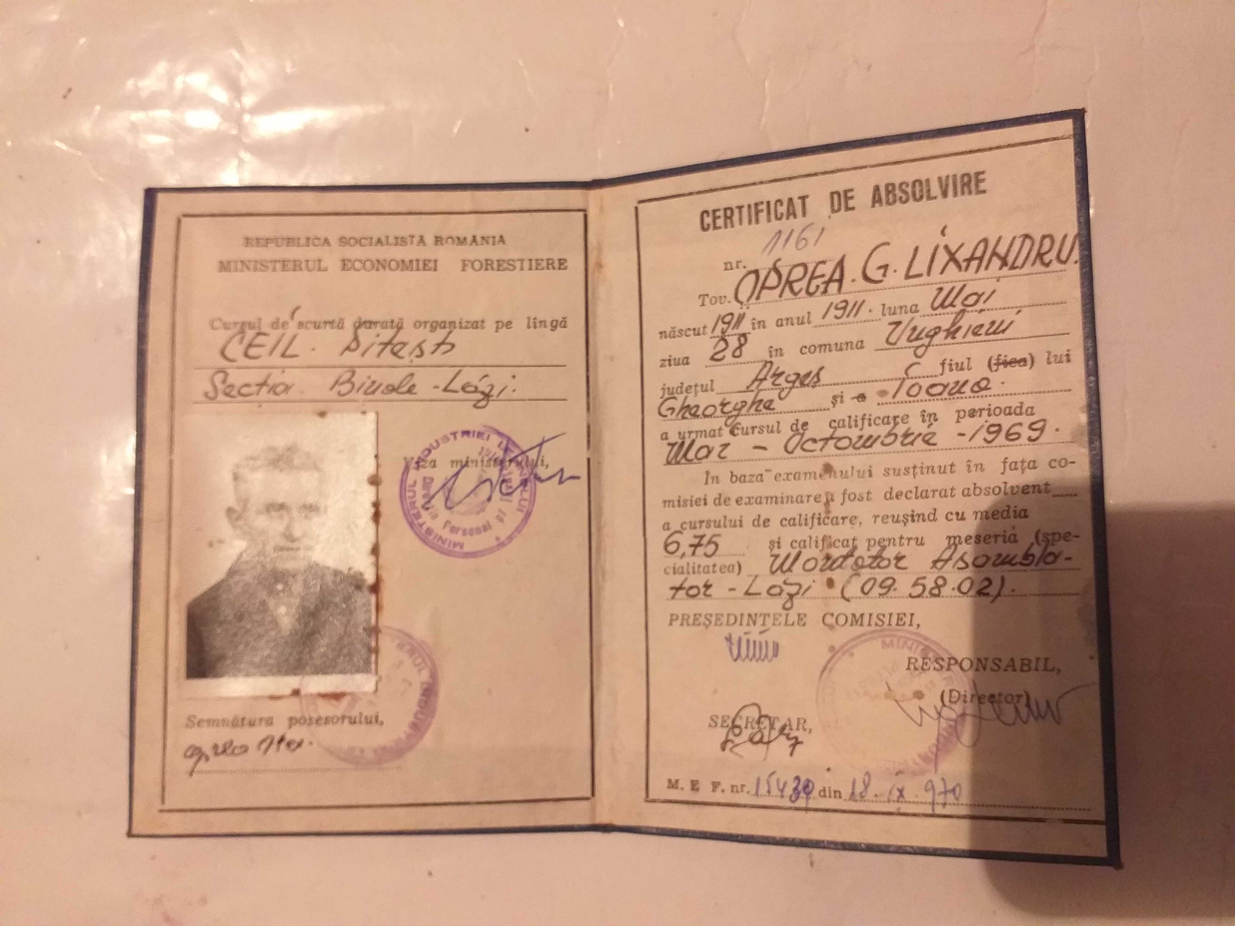 Carnet-Certificat Absolvire An 1969,vechi 53 ani,vintage,colectie