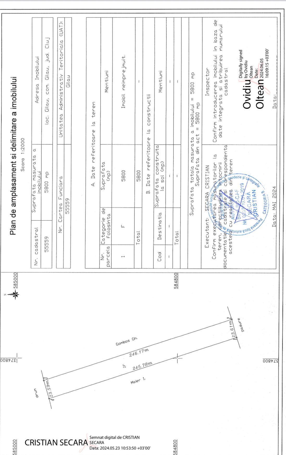 Persoana fizica vând Teren cu 37 euro /mp  în Gilău zona Gilău vest