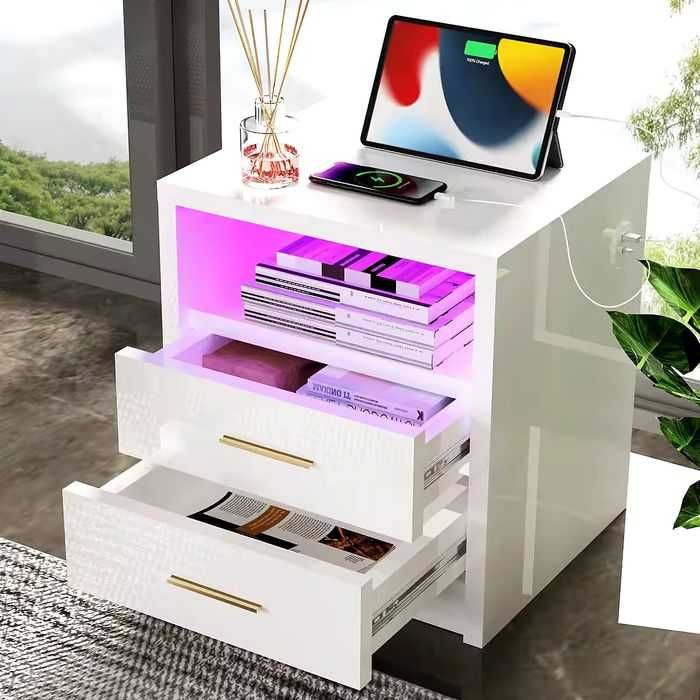 Noptiera dormitor cu iluminare LED cu functie de incarcare