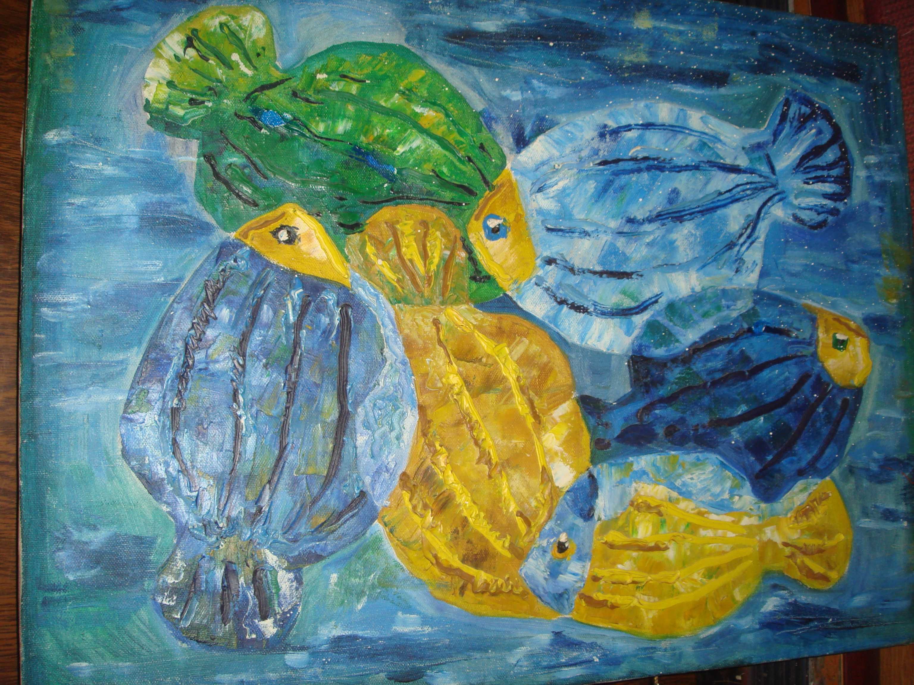 Картина Рыбы в бирюзовом и янтарных цветах  40см х 55 см Холст Масло