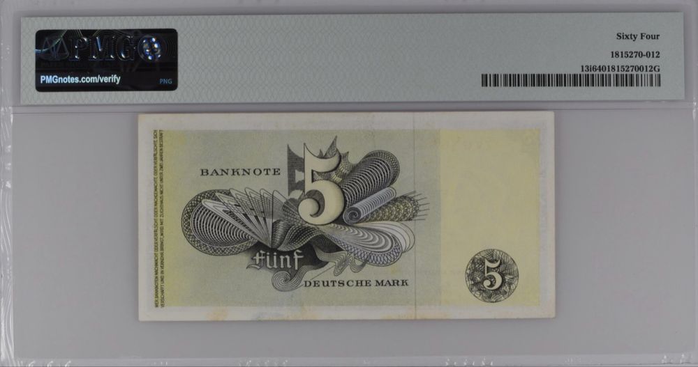 Bancnota gradata GERMANIA 1948 5 Marci Deutsche Mark PMG 64 UNC Rara