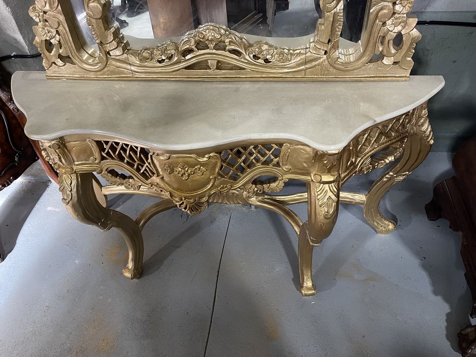 Consola din lemn masiv cu oglinda și blat de marmura