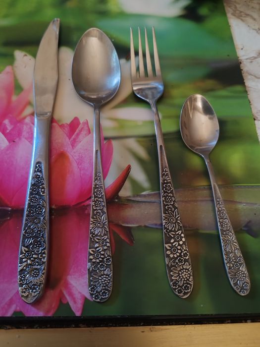 Set tacimuri inox 48 piese vechi de 50 ani cu model gravat.
