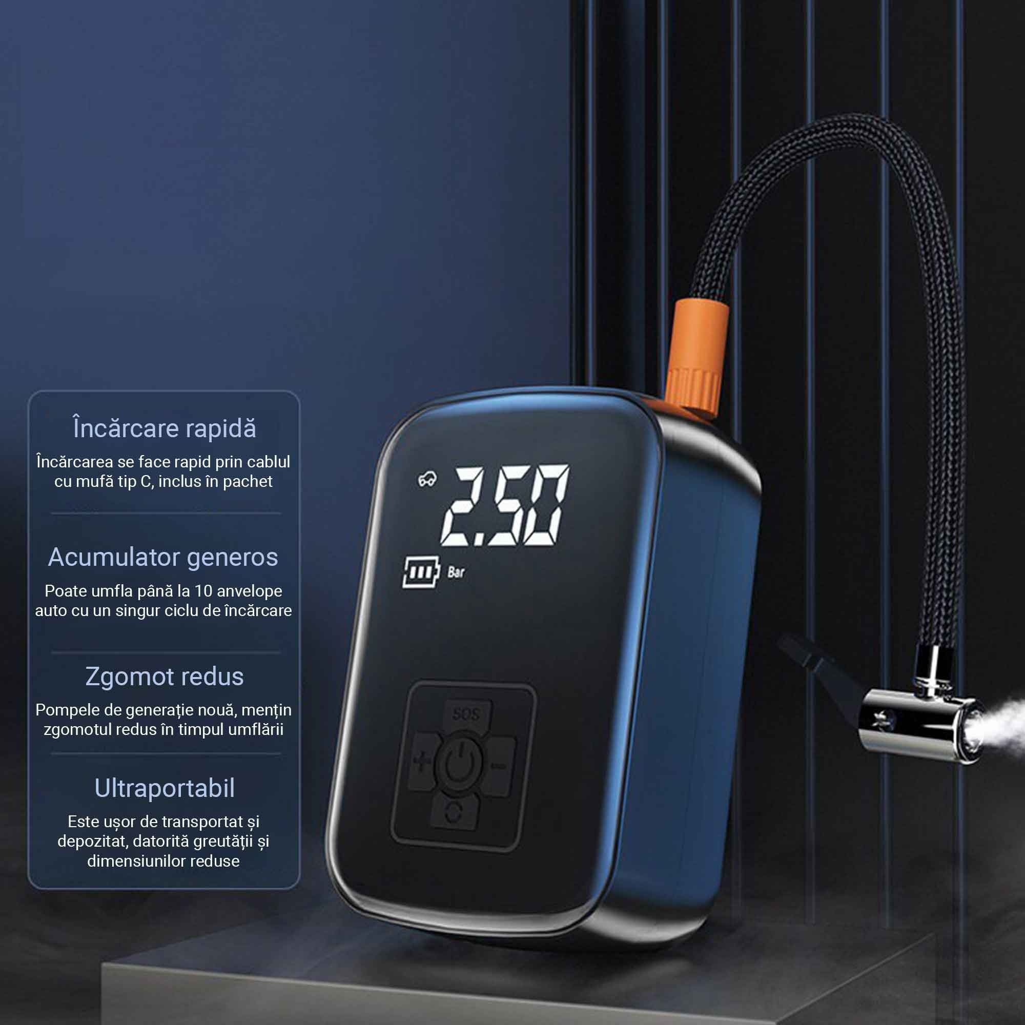 Compresor auto cu acumulator, 150 PSI, Afisaj digital, Lanterna, USB C