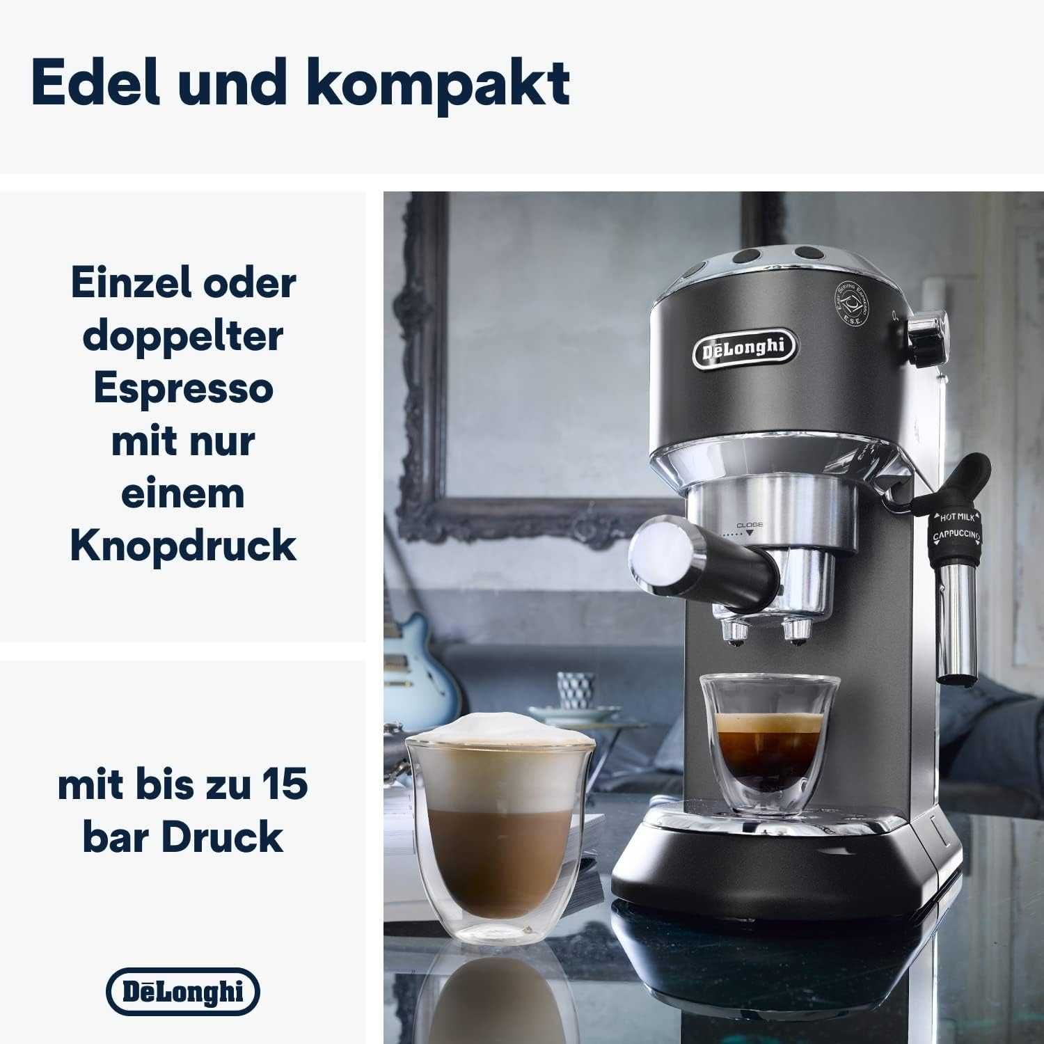 Кафемашина De'Longhi Dedica EC685, дюза за млечна пяна, две цедки