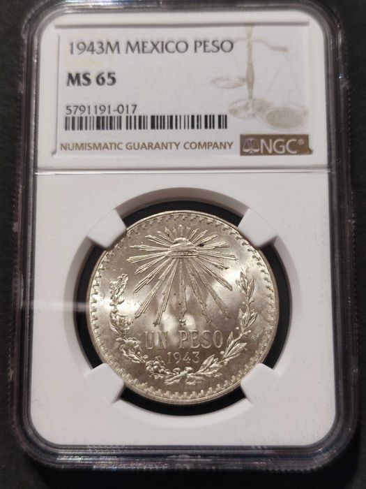 1 песо 1943 г. Мексико NGC MS-65 (сребро)