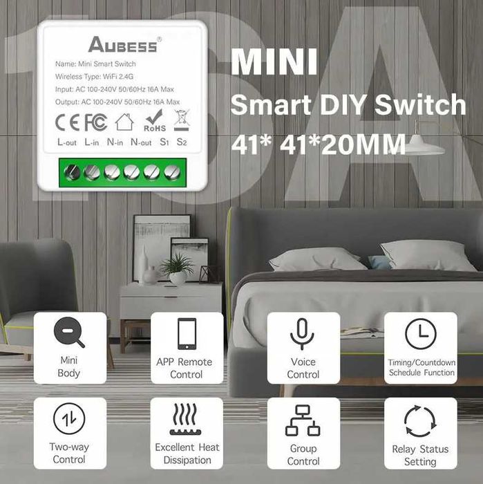 Умный мини реле Aubess Tuya Wi-Fi 16A EU