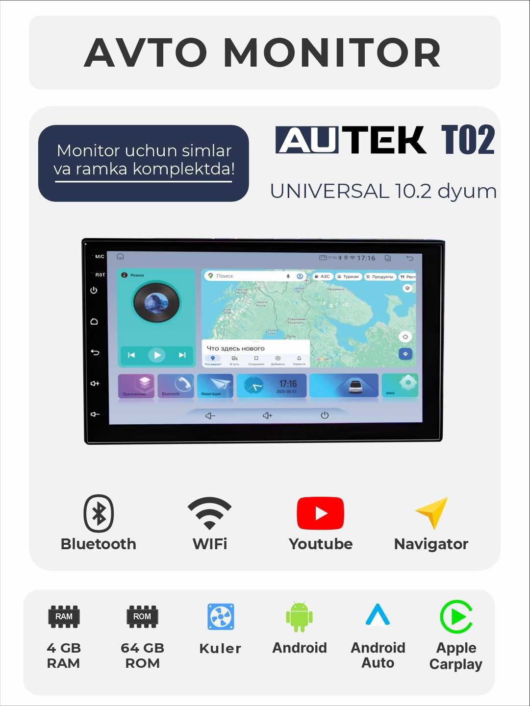 Avto monitor Tesla, AUTEK T 02, 9/10.2" QLED, 4+64 GB Wi-Fi kulerli.