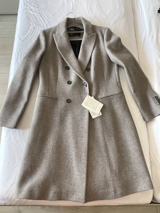 Palton de lana gri la 2 randuri de nasturi Zara Manteco L