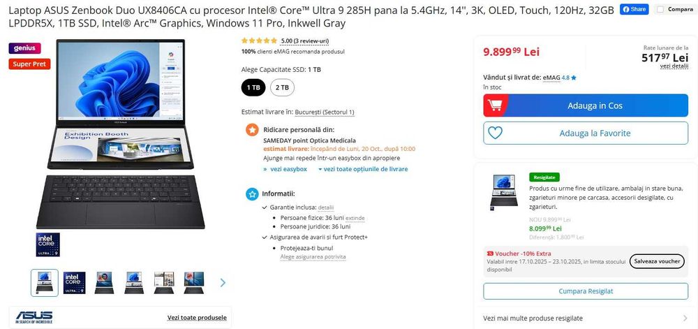 Laptop Asus Zenbook Duo Intel Ultra 9 285H, Arrow Lake, 1TB, UX8406CA
