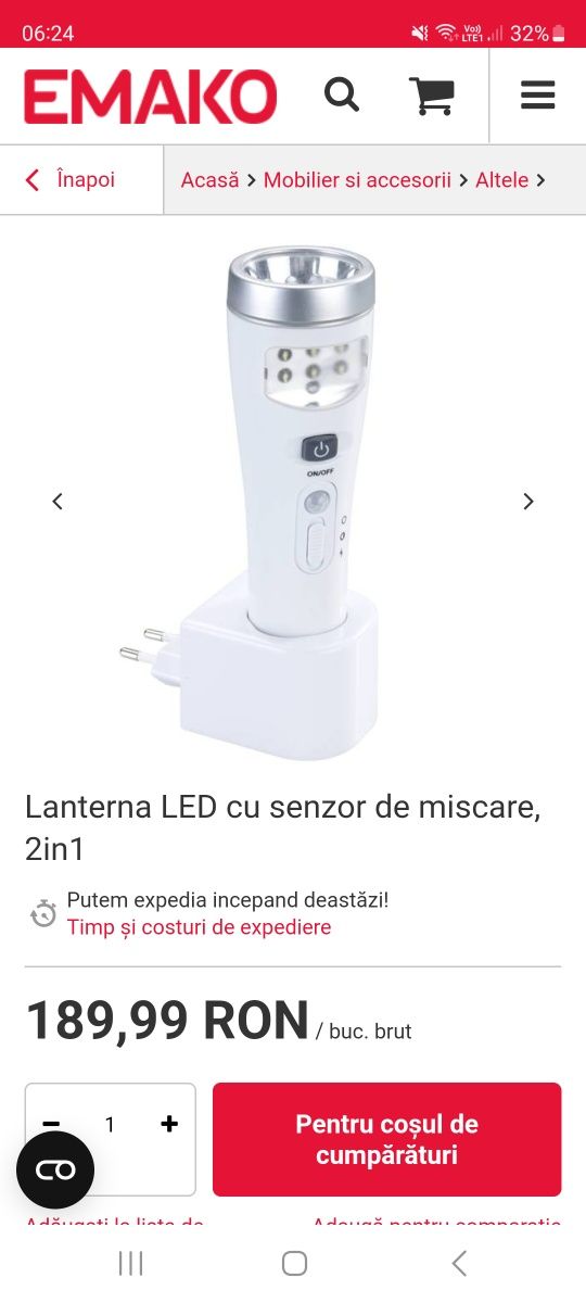 Lanterna led cu senzor de mișcare,  35  ron