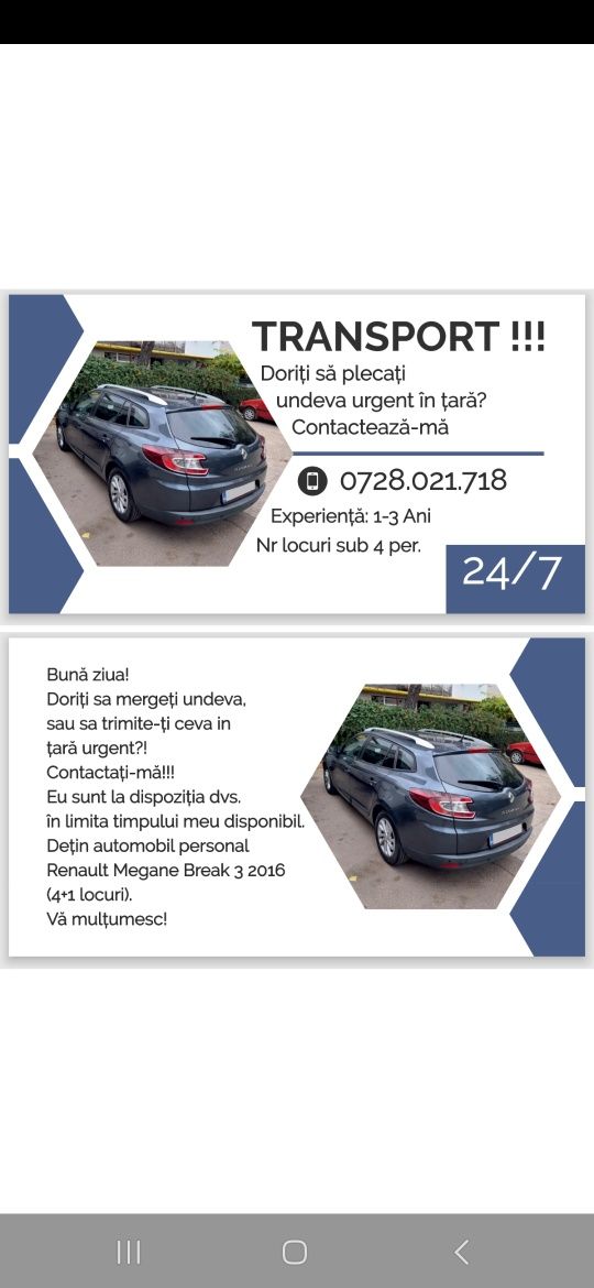 TRANSPORT!!! Doriti sa plecati undeva urgent în țară?! Contactează-ma