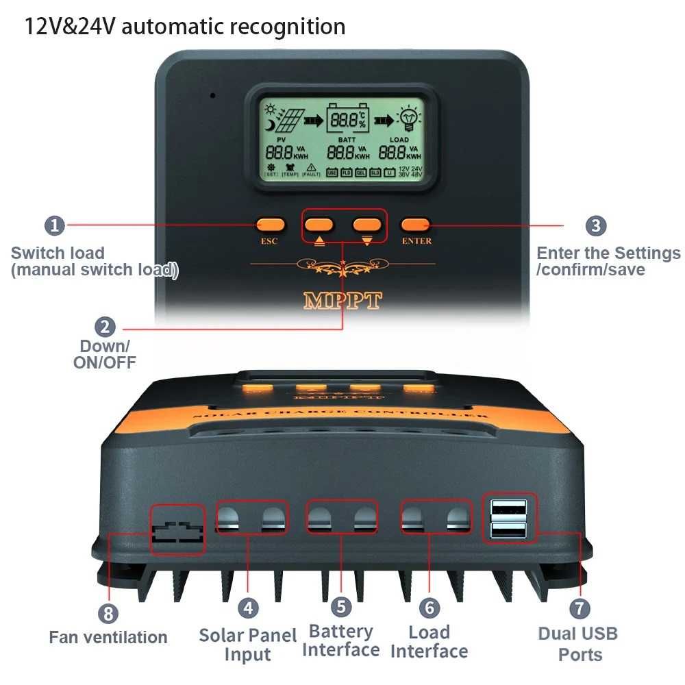 60a MPPT соларно зарядно - соларен контролер 12/24 v