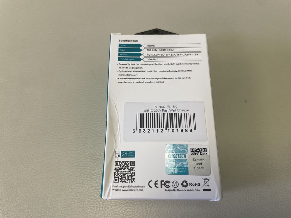 Бързо зарядно Choetech GaN USB charger Type C PD 30W black