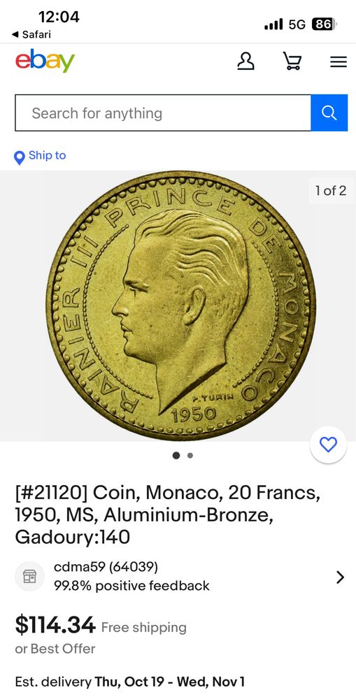 Monedă Rainer III  Prințul De Monaco 1950