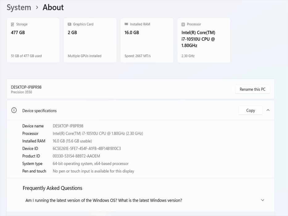 Лаптоп Dell Precision 3550 i7-10510U до 4.9GHz/RAM16GB/Quadro P520 2GB