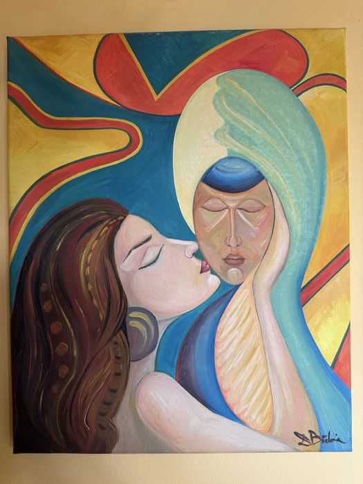 Tablou cuplu pictat manual pe pânză cu culori acrilice (41x33cm)