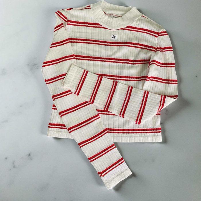 chanel блуза с дълъг ръкав тениска беж бяла червена топ плетиво шанел