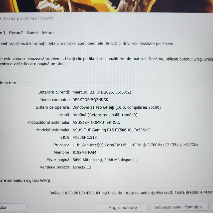 Laptop Gaming ASUS TUF F15 i5-11400H 8gb 500SSD RTX 3050 4gb DEFECT