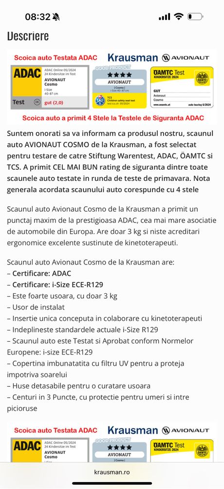 Carucior 3 in 1 krusman Topaz Lux Beige – Testat ADAC, piele ecologica