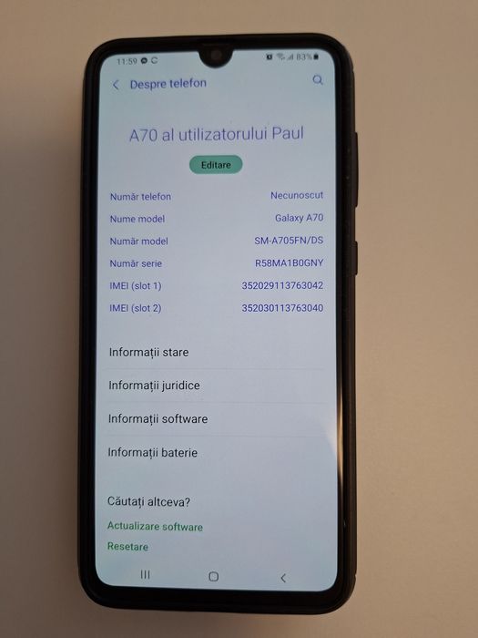 Vand Samsung Galaxy A70 cu stocare de 128GB si 6RAM