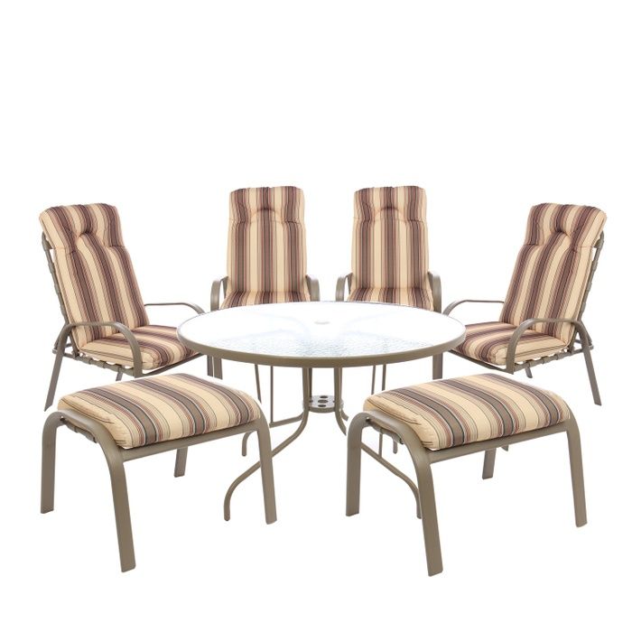 Set metalic masa rotunda, cu 4 scaune + 2 tabureti cu perne, pentru gr