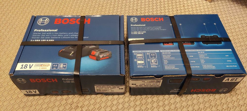 Cutie sigilata Set incarcator 4A + acumulator Bosch 18V 4Ah, original.