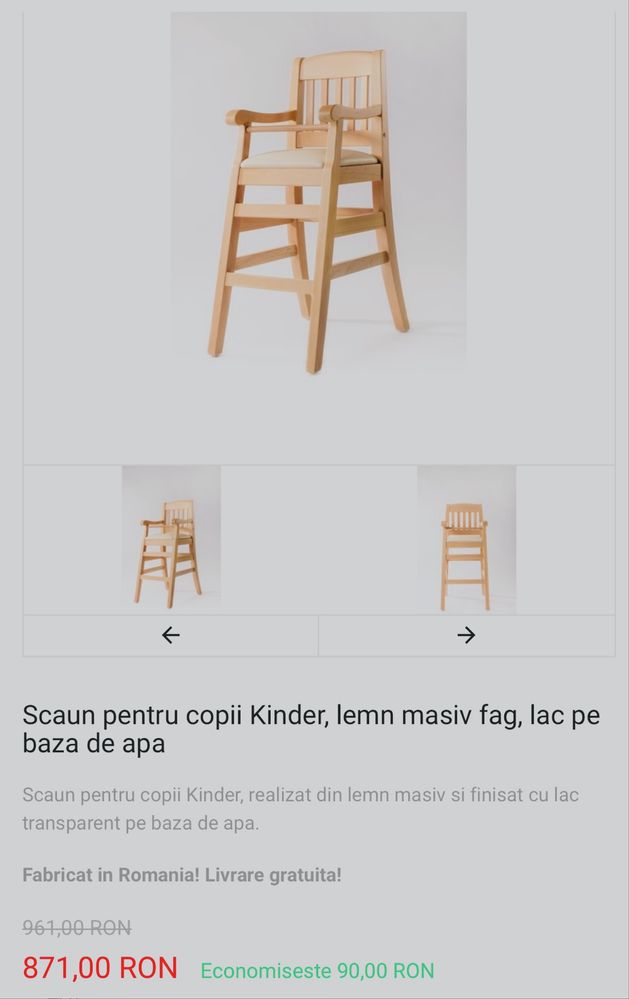 Scaun pentru copii Kinder, lemn masiv fag, lac pe baza de apa