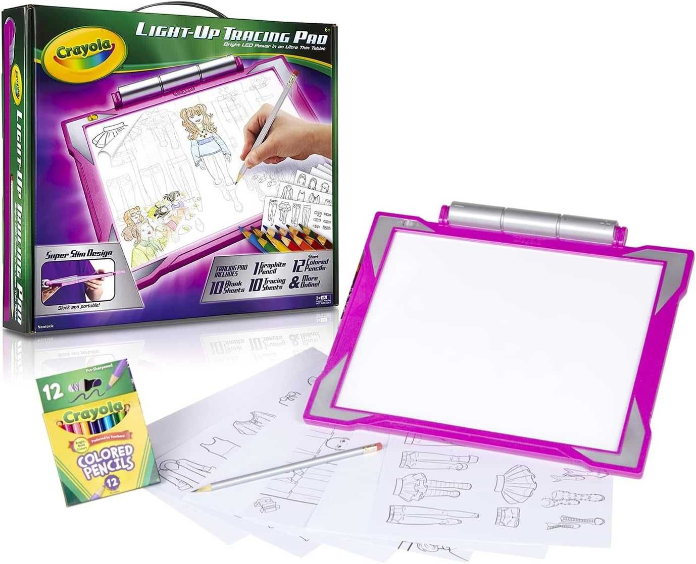 Crayola - Комплект светеща подложка за рисуване с моливи и листове