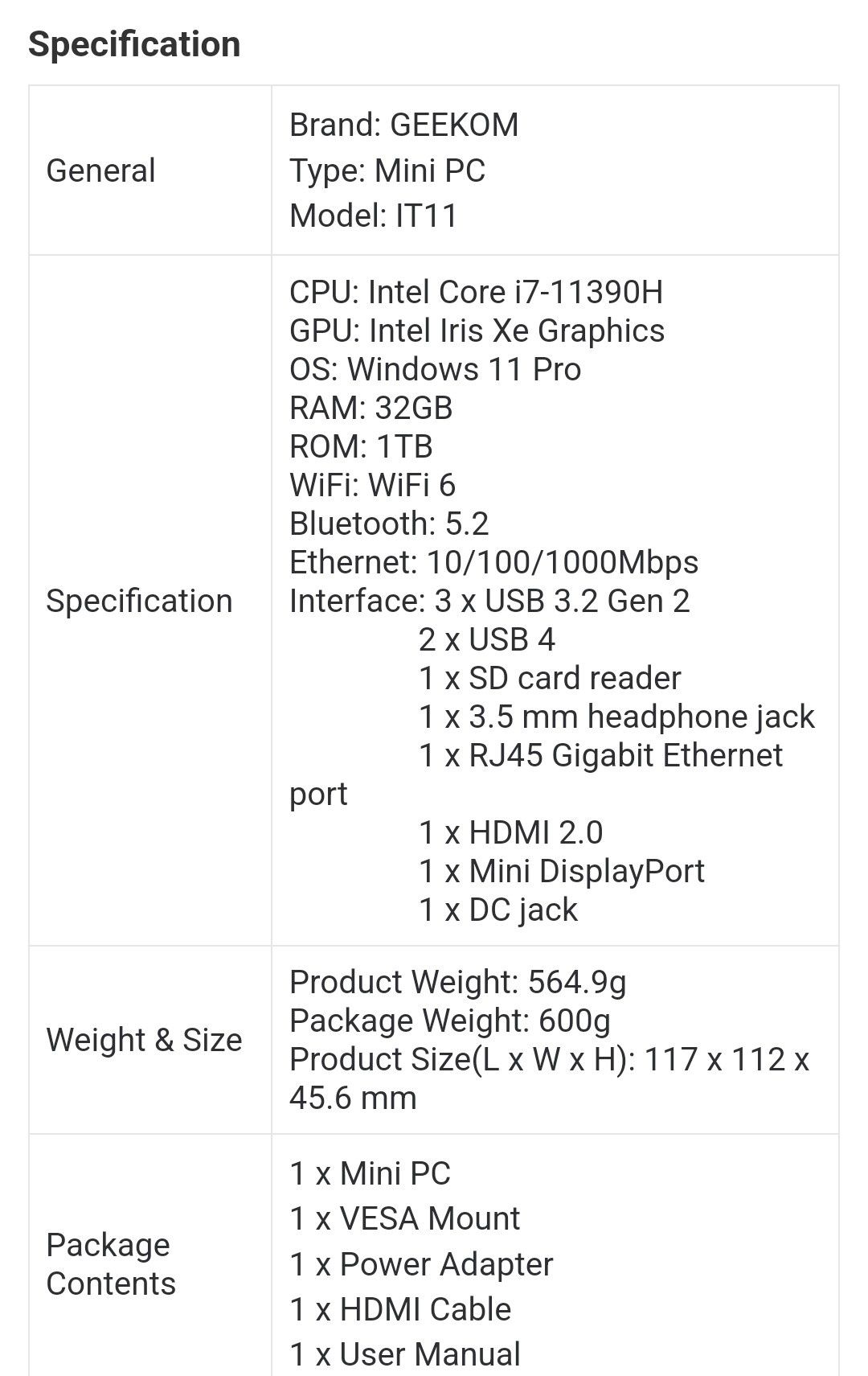 GEEKOM IT11 Mini PC Intel Core i7, 64GB RAM, SSD 3TB, Windows 11 Pro