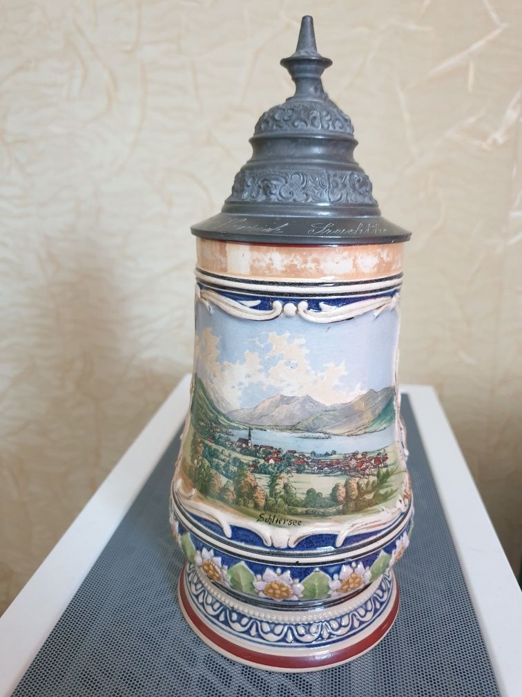 Коллекционная баварская пивная кружка начала 20 века. Рельеф. рисунок