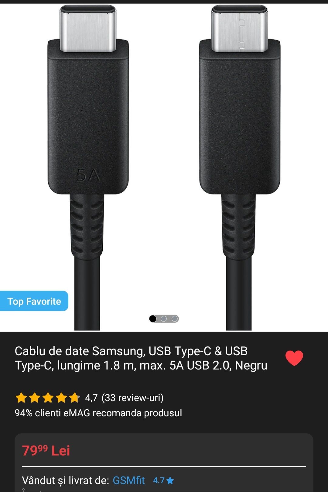 Cablu încărcător Samsung USB Type-C & USB Type-C, lungime 1.8 m 5A