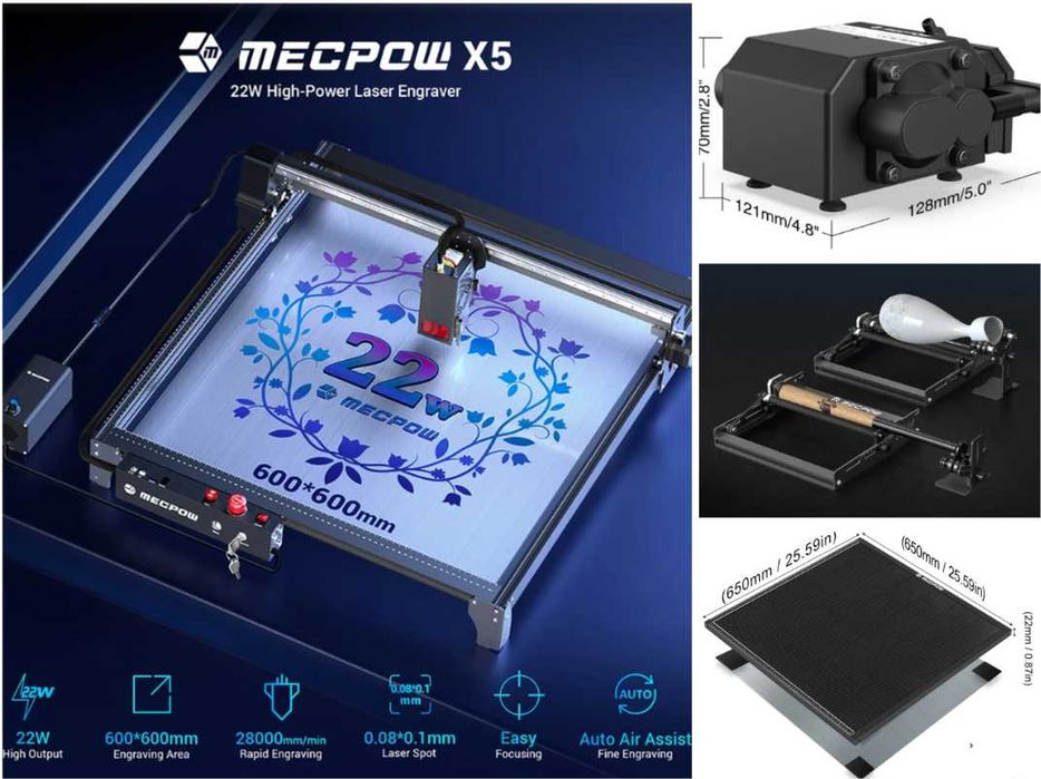 Mecpow Laser 22W, 600x600mm +pompa aer+ pat laser + disp. rotativ- NOU